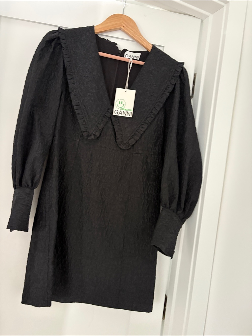 Ganni Black Textured Mini Dress with Oversized portrait collar. 40.
